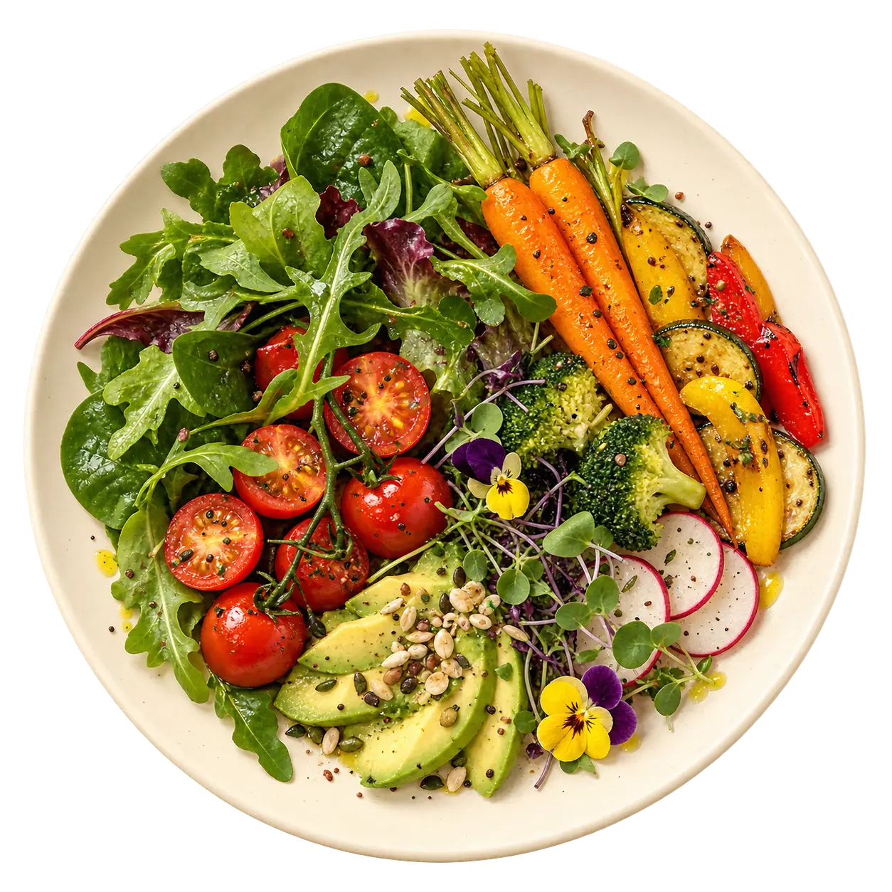 Plato vegetariano con hojas verdes, tomate y zanahoria