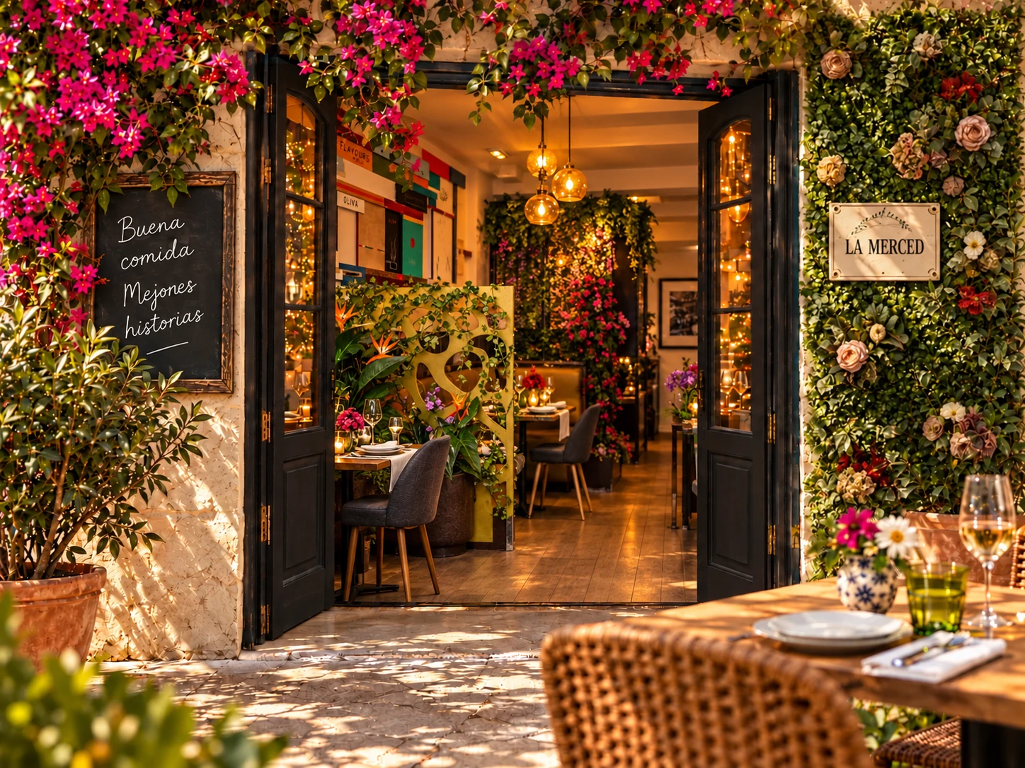 Entrada del gastrobar con el interior real visible tras las puertas negras, muro vegetal con el cartel La Merced y una mesa en primer plano