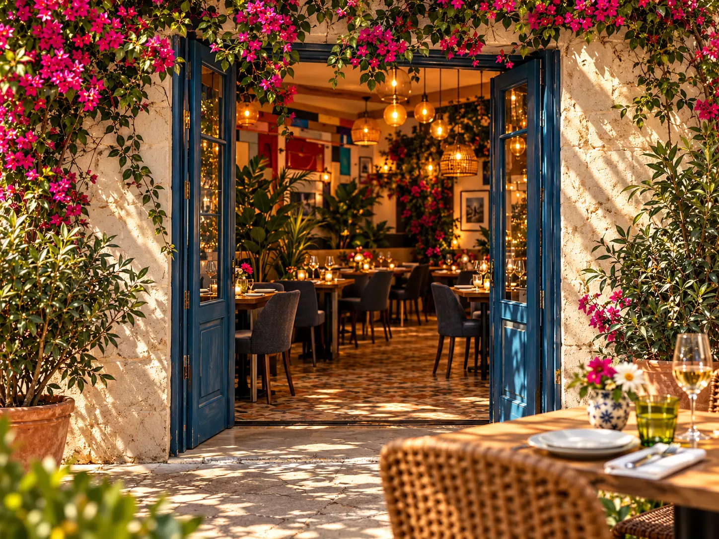 Entrada abierta del gastrobar rodeada de flores y plantas