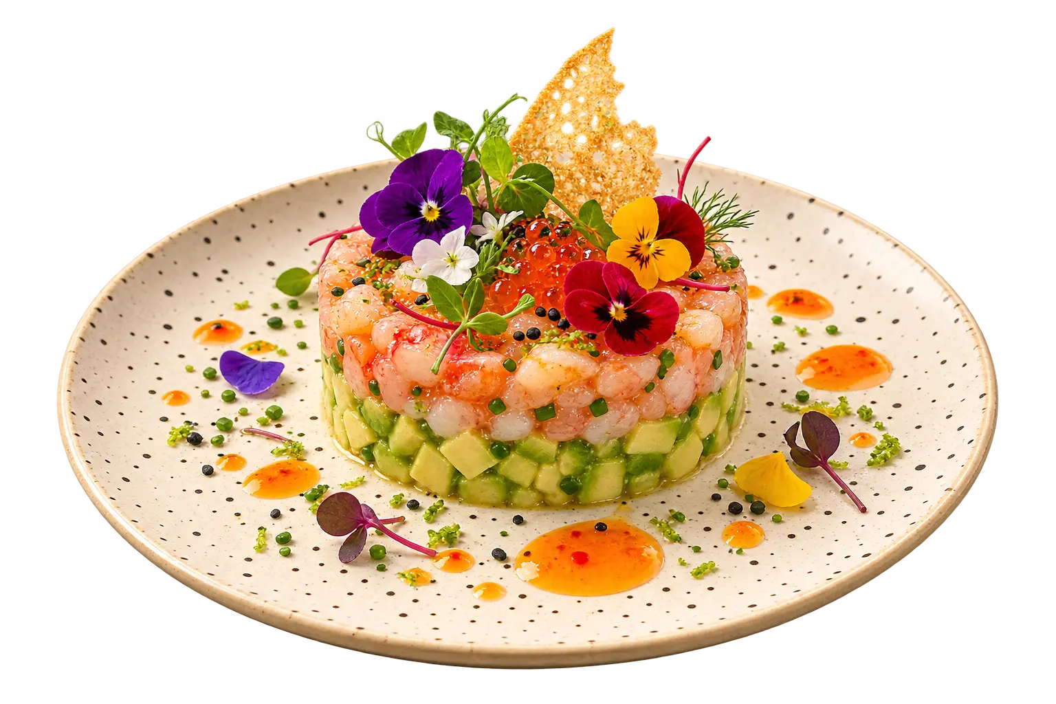 Tartar de marisco y aguacate con flores comestibles sobre plato cerámico