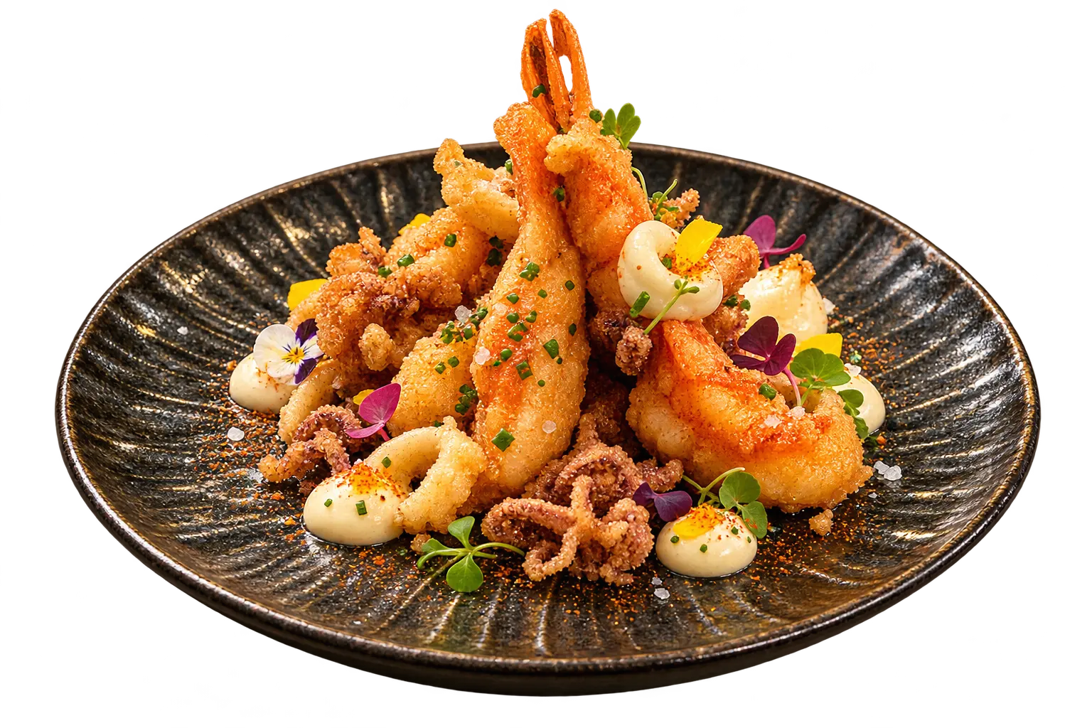 Marisco frito dorado servido en un plato oscuro