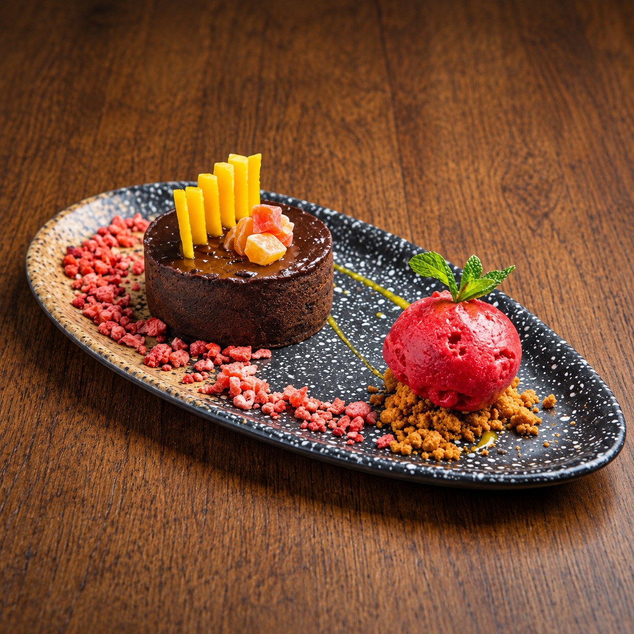 Coulant de Ferrero Rocher con helado de frambuesa sobre una pizarra