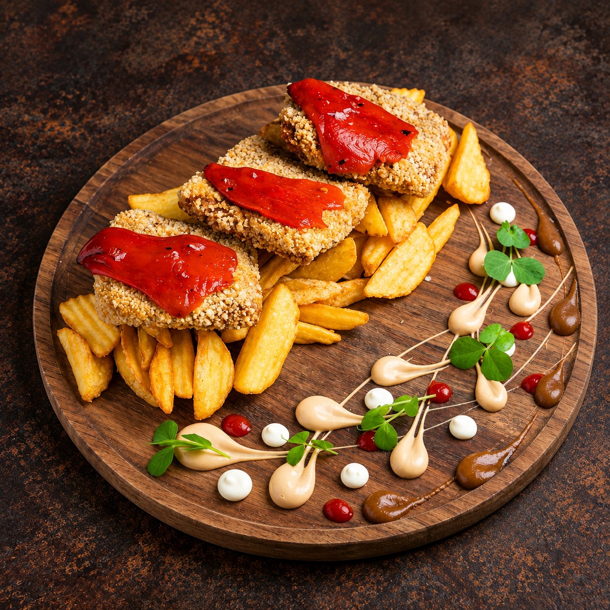 Tres mini cachopos rebozados con patatas y pimientos