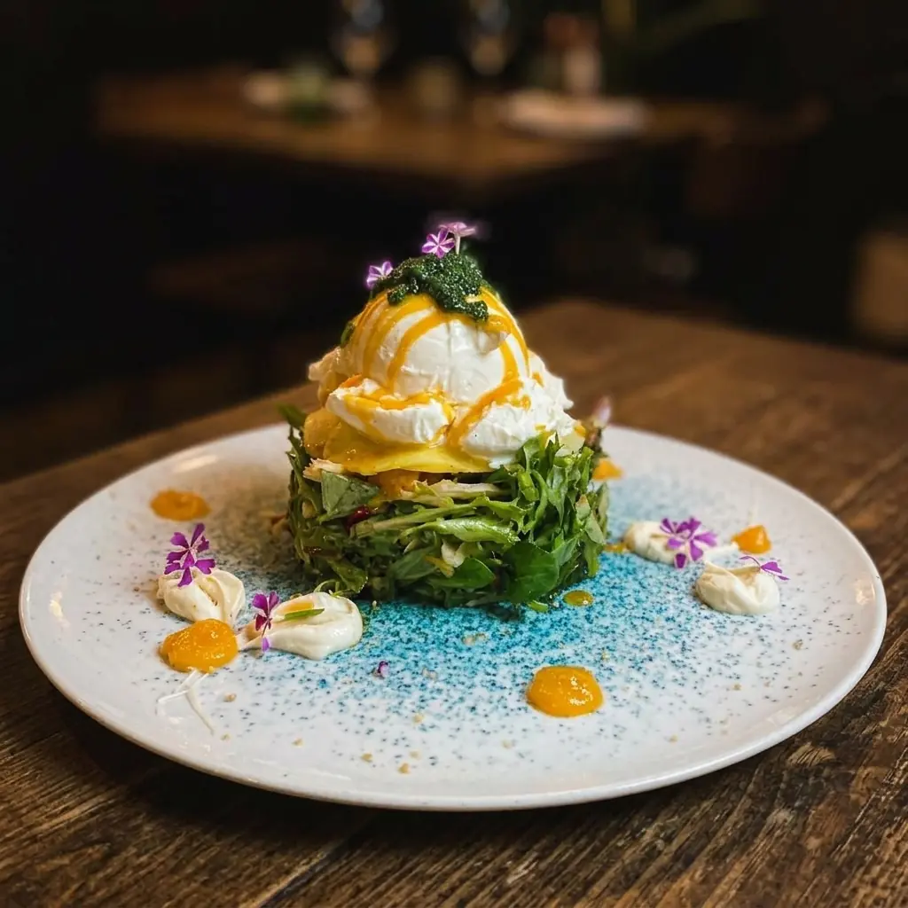 Ensalada de burrata con mango y perlas de pesto