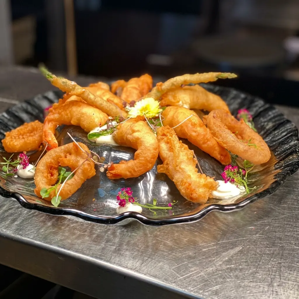 Volcán de langostinos y verduras en tempura